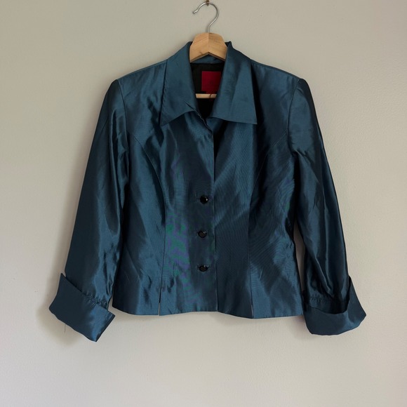 JS Collections Jackets & Blazers - Vintage Teal Blue Iridescent Metallic Evening Jacket Shimmer Blazer Size 10